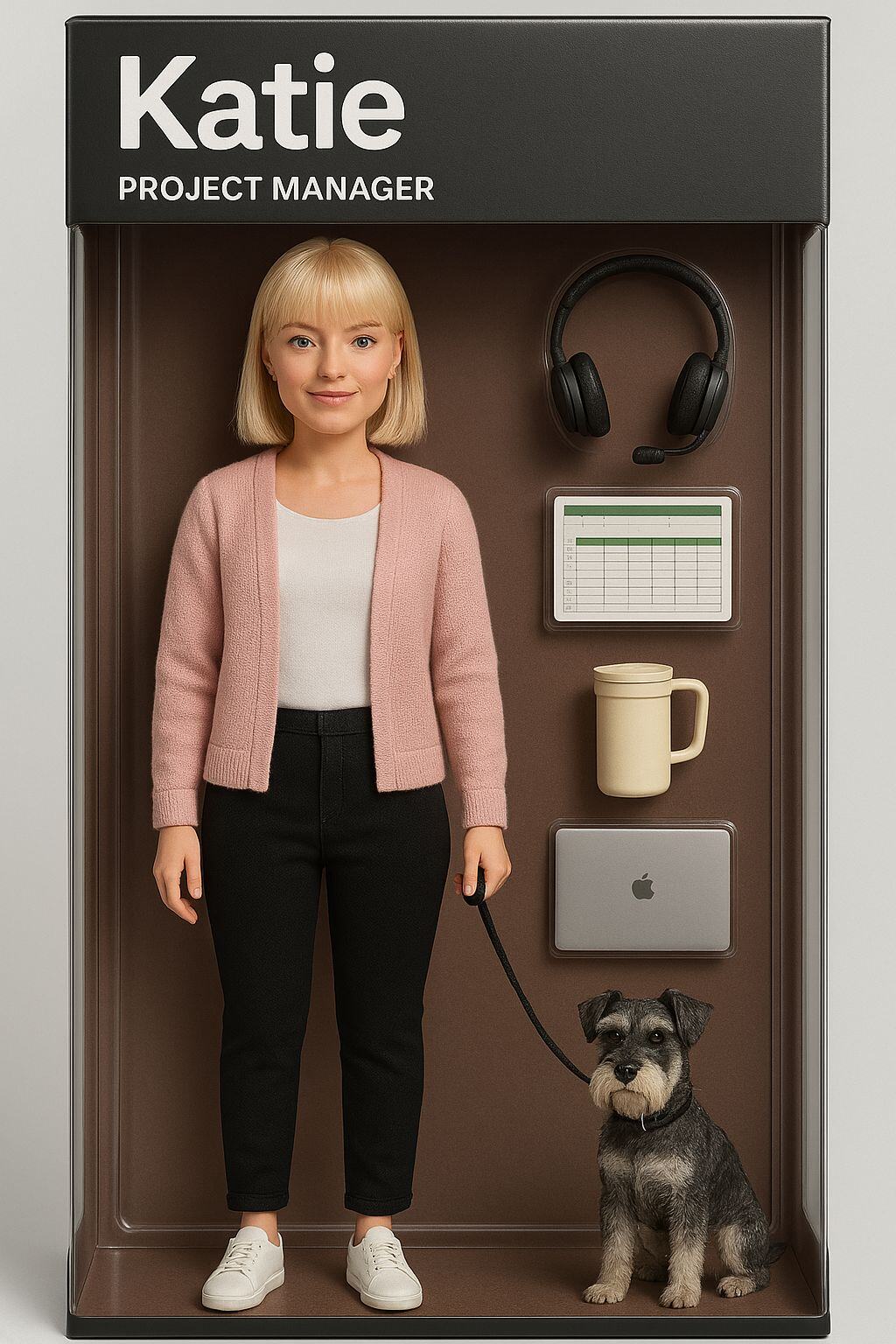 AI generated image of Katie as an action figure
